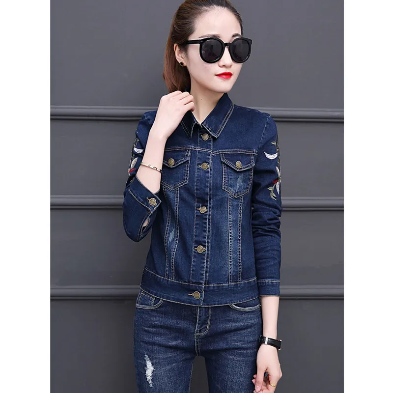 UHYTGF Chaquetas Mujer Primavera Denim Jacke Frauen Stickerei Kurze Jeans Jacke Damen Große Größe BomberJacket Mantel Weibliche 535