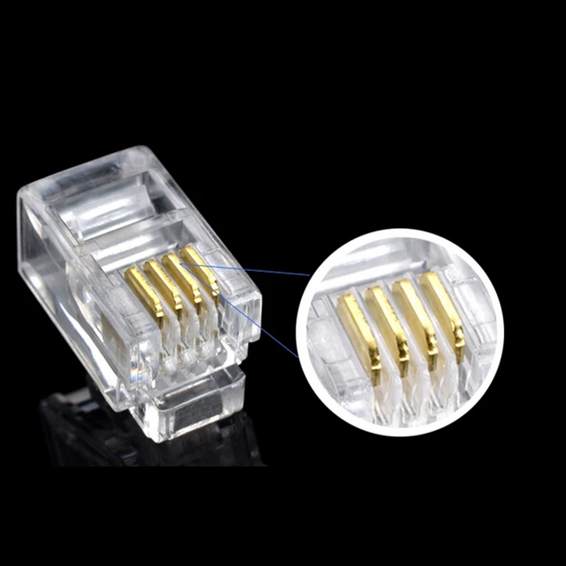 100Pcs Crystal Head RJ124P4C Modular Plug Gold Plated Network Connectors