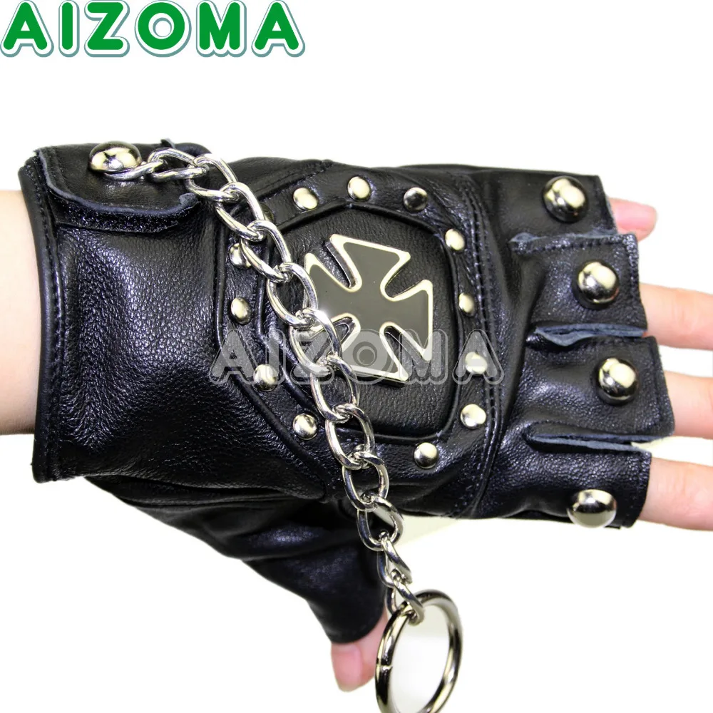 Motorcycle Universal Glove 1 Pair With Removable Chain Black Men Biker Cool Leather Cross Handmade Studded Unisex Punk Glove