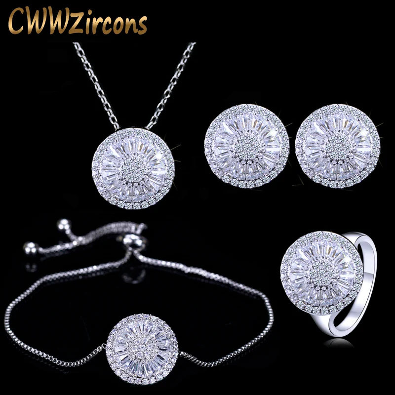 CWWZircons 4 Piece Fashion Ladies Accessories Silver Color Round Cubic Zirconia Women Jewelry Sets Best Friends Gift  T034