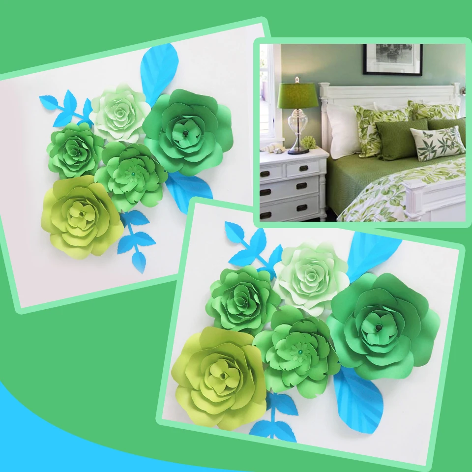 DIY Giant Paper Flowers Artificial Rose Fleurs Artificielles Backdrop 5pcs+ 4 Leave Wedding Party Decor Nursery Mix Light Green