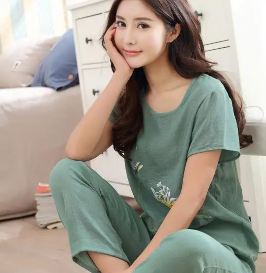 4XL 3XL 2XL XL Cotton linen pajamas women print short sleeve summer sleepwear pijamas set plus size pyjama women home clothes