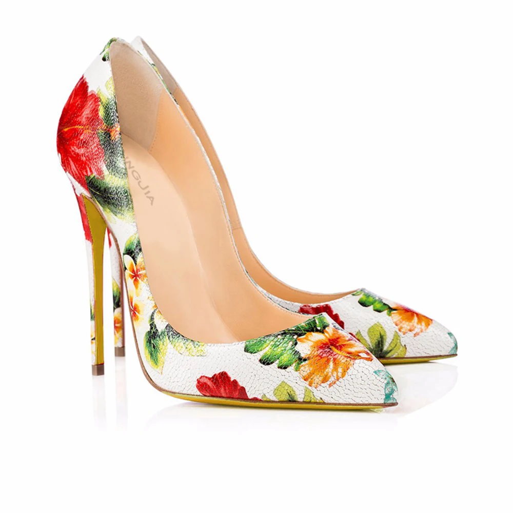 Women Genuine Leather High Heel Pumps Pointed toe Gorgeous Floral Heels Woman Heeled Wedding Bridal Court Shoes Ladies Elegant