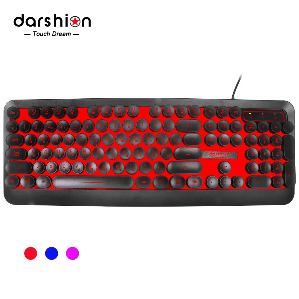 Russian English Gaming Keyboard  Retro Round Keycap Colorful Breathing Backlit 3-Color Light panel USB Wired For Laptop PC