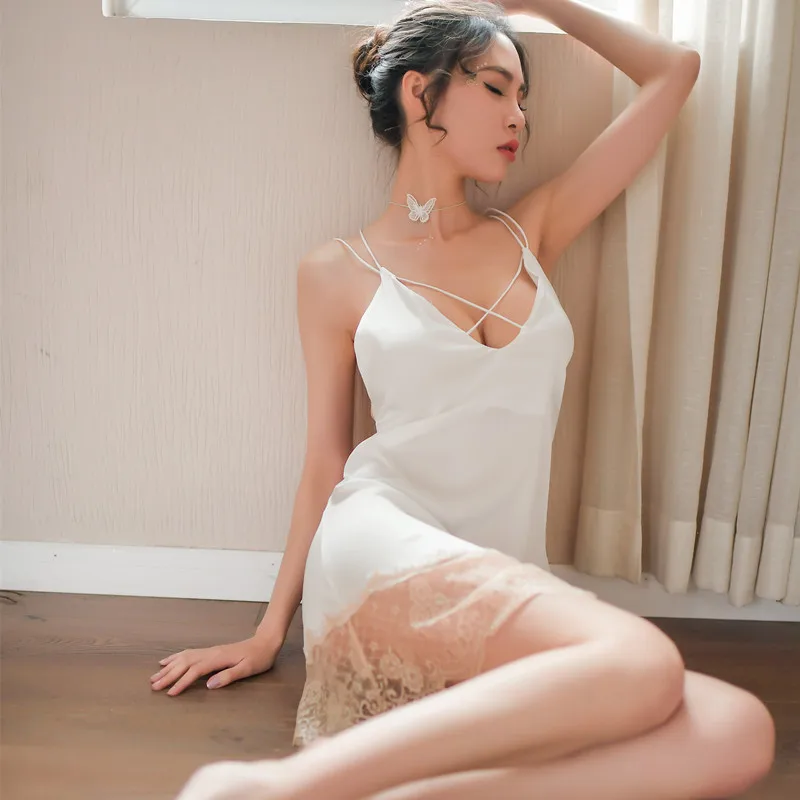 Sexy mousse Nightdress for woman female sloth long sleep nightie adult open back side open lace temptation sleepwear sloth