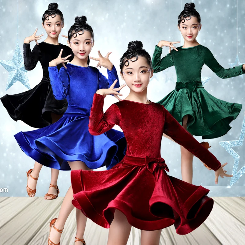 Girls Winter Latin Dresses for dancing ballroom dance dress rumba samba velvet children samba cha cha tango skirt standard salsa