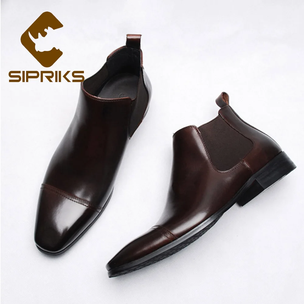 Sipriks Men‘s Chelsea Boots Genuine Leather Square Male Cowboy Dress Boots Cap Toe Botte Dark Brown Euro 44 Church Shoes 2021