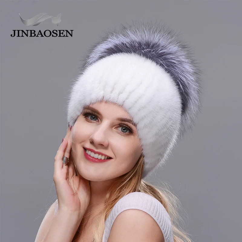 JINBAOSEN Style Winter Female Fur Hat Mink Fur Plus Fox Fur Stitching Knit Liner Fur Ski Hat Free Shipping