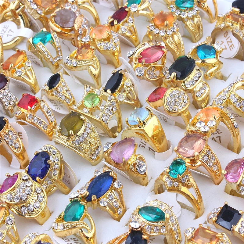 QIANBEI Wholesale 5pcs Women Multicolor Resin Stone Vintage Fashion Jewelry Full Rhinestone Crystal Rings