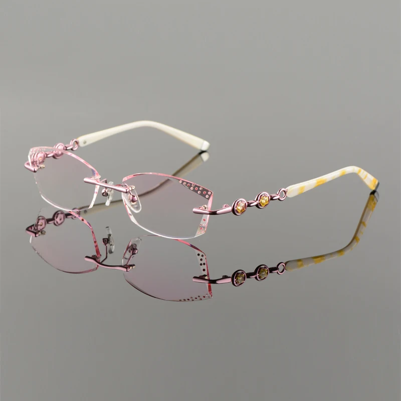 Titanium Alloy Eyeglasses Women Rimless Prescription Reading Myopia Progressive Glasses Yellow Spectacle with Color lenses258102