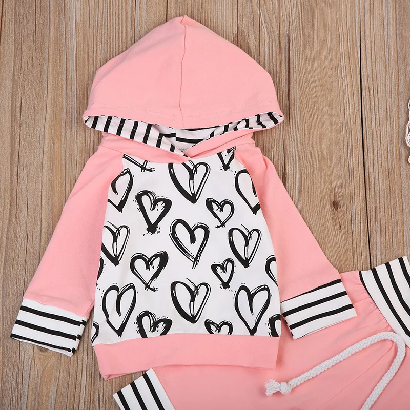 Toddler Kids Baby Girl Clothes 2019 Autumn Winter Heart Print Hooded Sweatshirt Tops+Pant Legging 2PCS Clothing Set 0-3Y