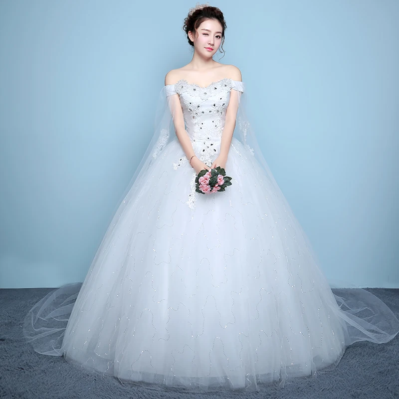 2022 New Lace With Train Sleeve Boat Neck Wedding Dress Organza andTulle Ball White Princess Bridal Gown Vestido De Noiva