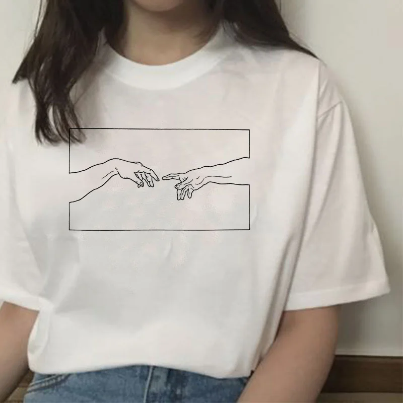 女性用ミケランジェロのダビデ像オルチャン原宿tシャツ,女性用プリントトップス,90年代のハンドプリント服