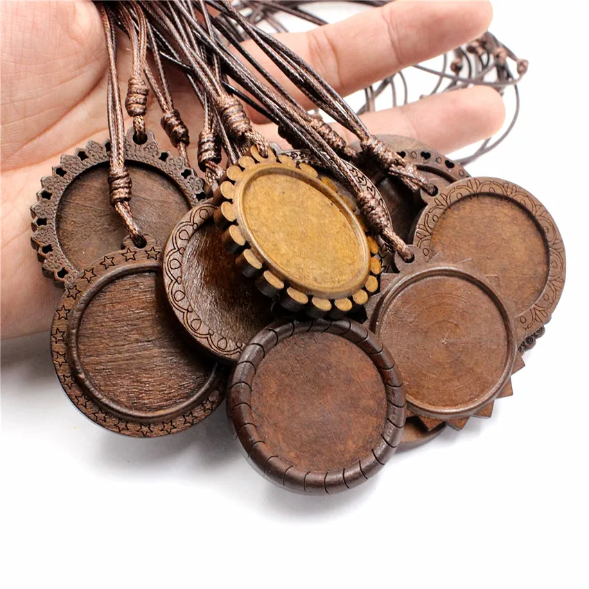 Fit 30mm Cabochons brown Wood Necklace Base blank Wooden Pendant Trays Diy Jewelry Accessories for Necklace Making 2 Strands