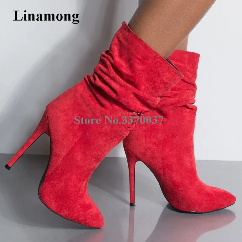 

Women High Quality Pointed Toe Suede Leather Thin Heel Mid-calf Boots Red Black Slip-on High Heel Boots Club Shoes