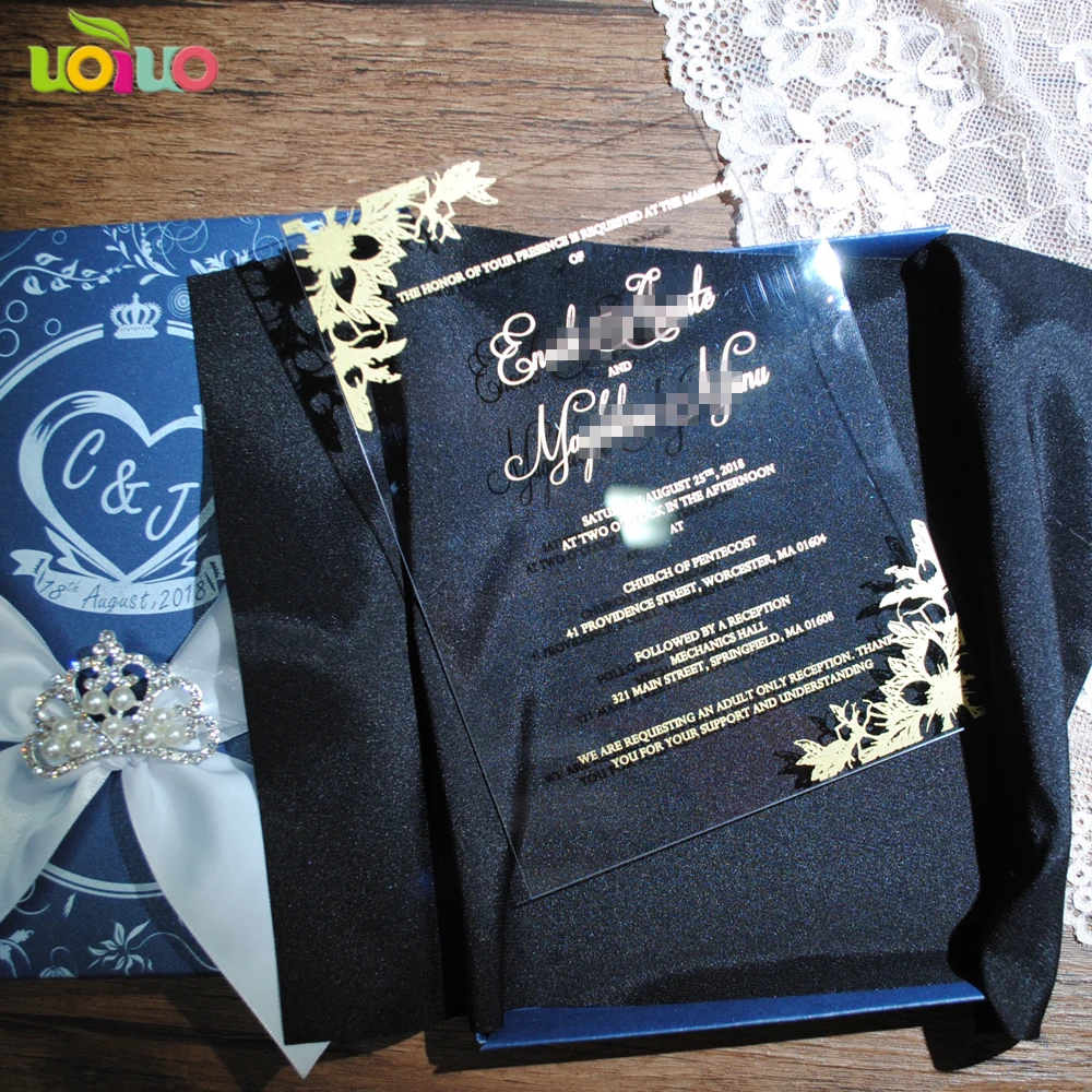 

Welcom your own printing design clear acrylic wedding invitation card with gold foil words with satin