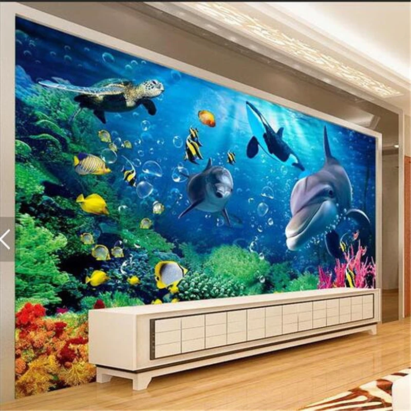 beibehang Custom wallpaper 3D stereo mural seabed world dolphin TV background wall decorative painting Living room 3d wallpaper