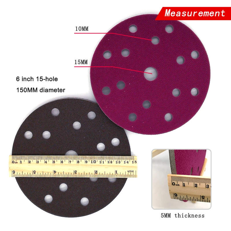 5Pcs Flocking Sponge Sanding Disc Red Sandpaper 6 Inch 15-Hole 300-2000 Grit for Polishing & Grinding Power Tools Accessories