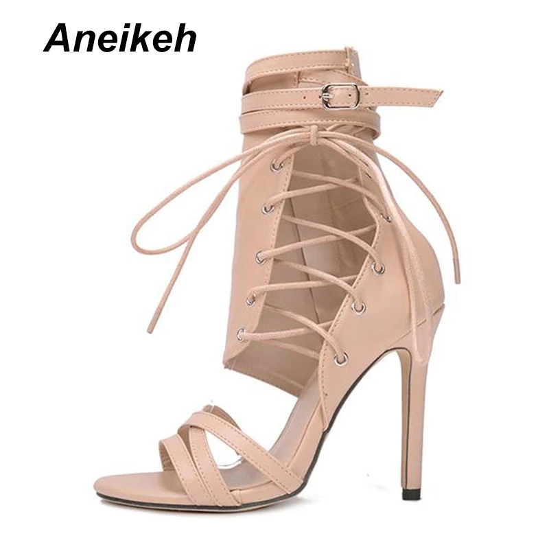 Aneikeh Roman Buckle Strap Shoes Women Sandals Sexy Gladiator Cross-Tied Lace Up Peep Toe High Heels Ankle Boots Black Aprict