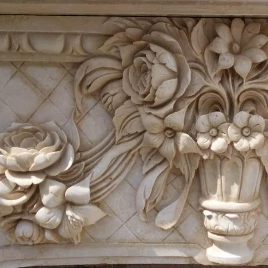 Carved Natural Stone Fireplace Mantel Frame with European style Marble Carving Chimneypiece