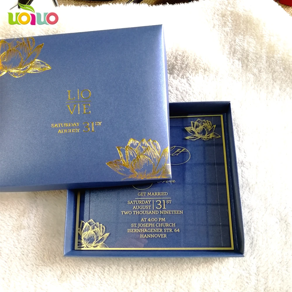 

30pcs Printing Lotus Design Gold Foil Clear Acrylic Card Wedding Invitation with Blank Boxes