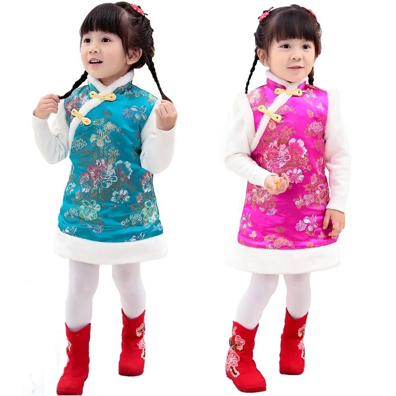 

Baby Girls Dress Quilted Warmer Vest Waistcoat Girl Down Jacket Chi-pao Dresses Children Cheongsam Qipao Outerwear Sleeveless