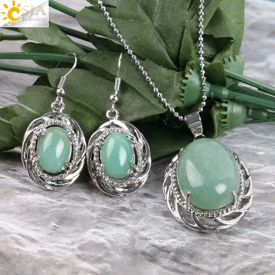 CSJA Natural Stone Bridal Party Jewelry Set for Women Dangle Earrings Necklaces Set Collection Green Aventurine Pink Quartz E904