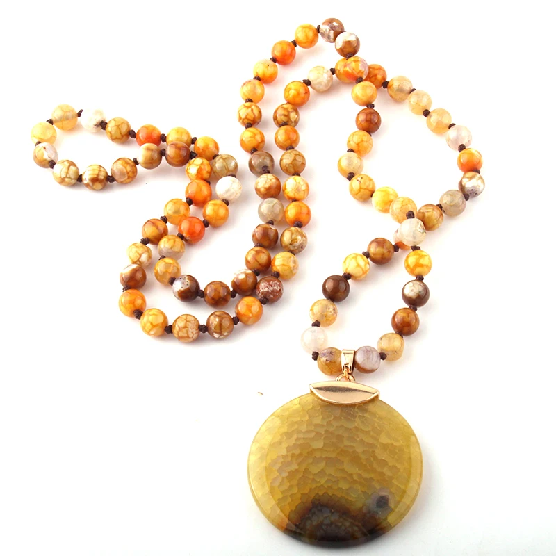 Fashion Bohemian Jewelry Natural Agat Stones Knotted Round Stone Pendant Necklaces For Ethnic Necklace