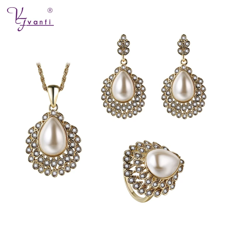 Kfvanfi imitation pearl gold water drop jewelry sets for women rhinestones zinc alloy wedding bridal engagement jewellery women