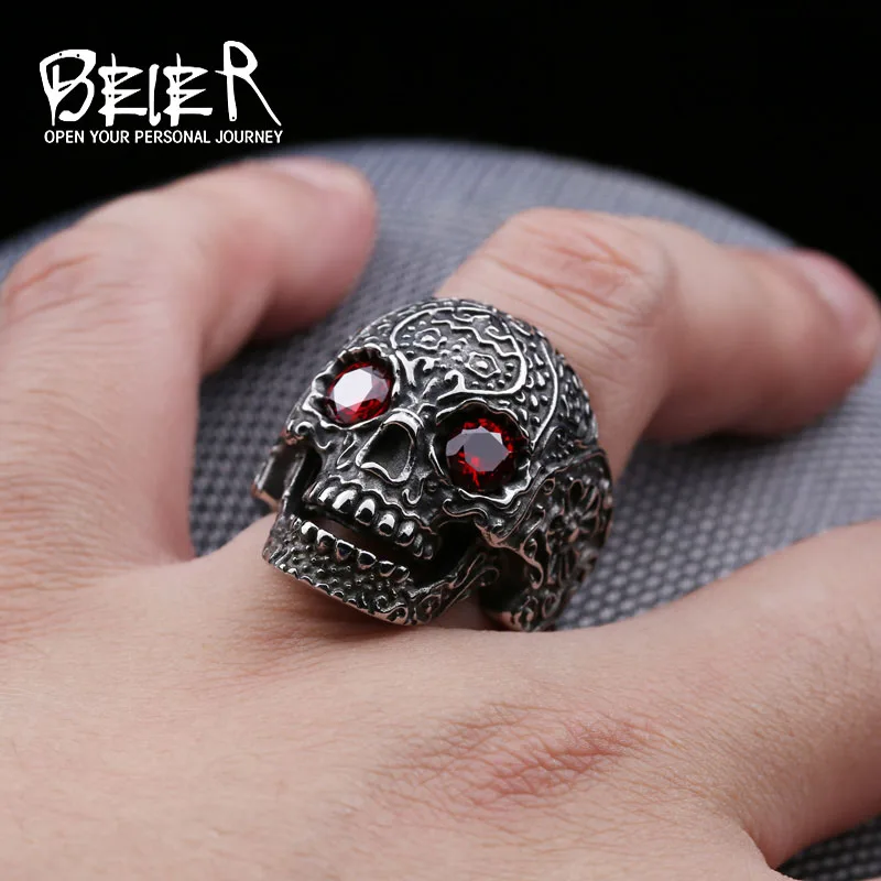 Beier 316L stainless steel ring hot sale punk biker skull man Classic Garden Flower Skull ring fashion jewelry LLBR8-430R