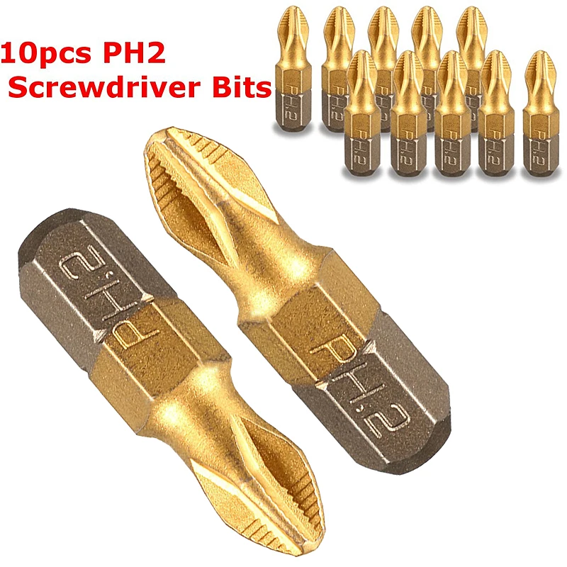 10Pcs 25Mm 1/4Inch PH2 Magnetische Schroevendraaier Bits Schacht Titanium Coated Schroevendraaier Bits Elektrische Boren power Tools