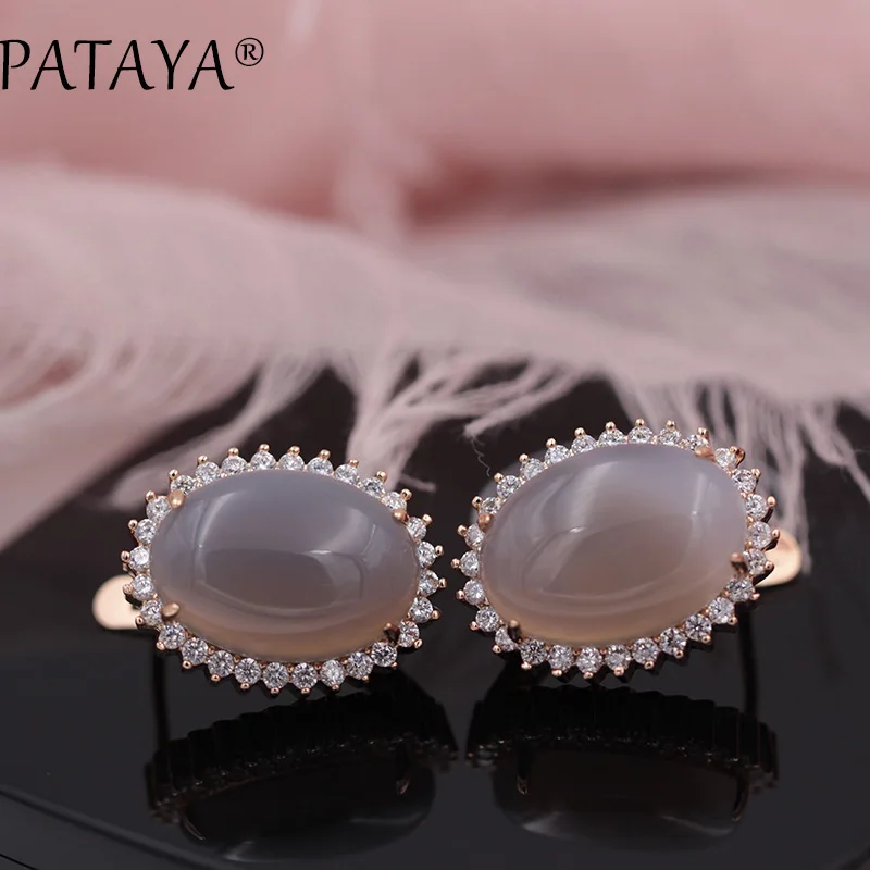 PATAYA New Arrivals Onyx Natural Stone Big Dangle Earrings For Women White Cubic Zircon  585 Rose Gold Color Wedding Jewelry