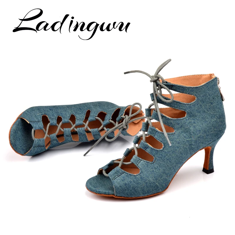 Ladingwu Latin dance shoes Women Denim Blue Dance boots wide thin high heel 10-6cm Salsa Performance Ballroom Dance Shoes