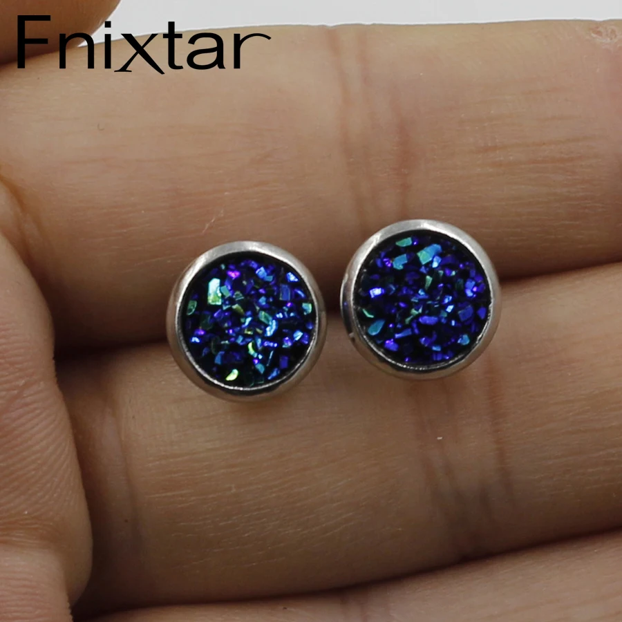 Fnixtar 8mm Stainless Steel Drusy Earrings Jewelry For Kid Girl Party Gift Mini Earring For Child 20 pairs/lot