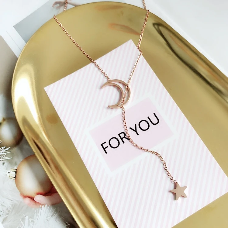 

YUN RUO 2018 Rose Gold Color Adjustable Moon Star Pendant Necklace Fashion Titanium Steel Woman Jewelry Prevent Fade & Allergic