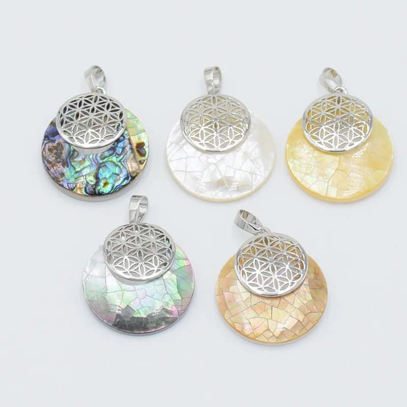 Natural Abalone Shell Flower of Life Necklace Pendant Reiki Amulets Round Hollow Out Circle Pendants for Women Men Charm Jewelry