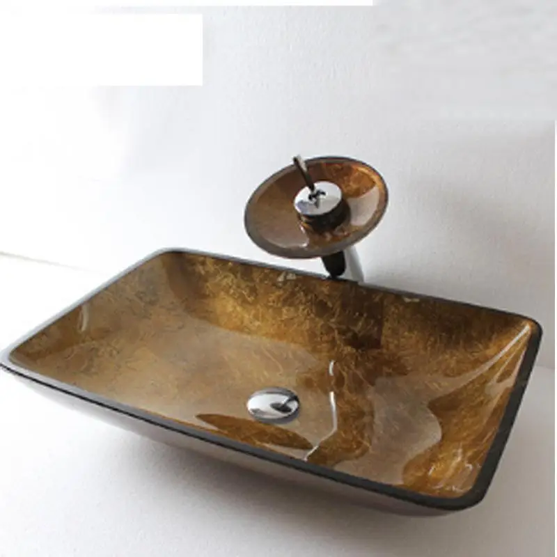 Square Bathroom clock room countertop Tempered glass basin sink ( Stunning Quality )+GLASS WATERFALL TAP + POP UP WASTE