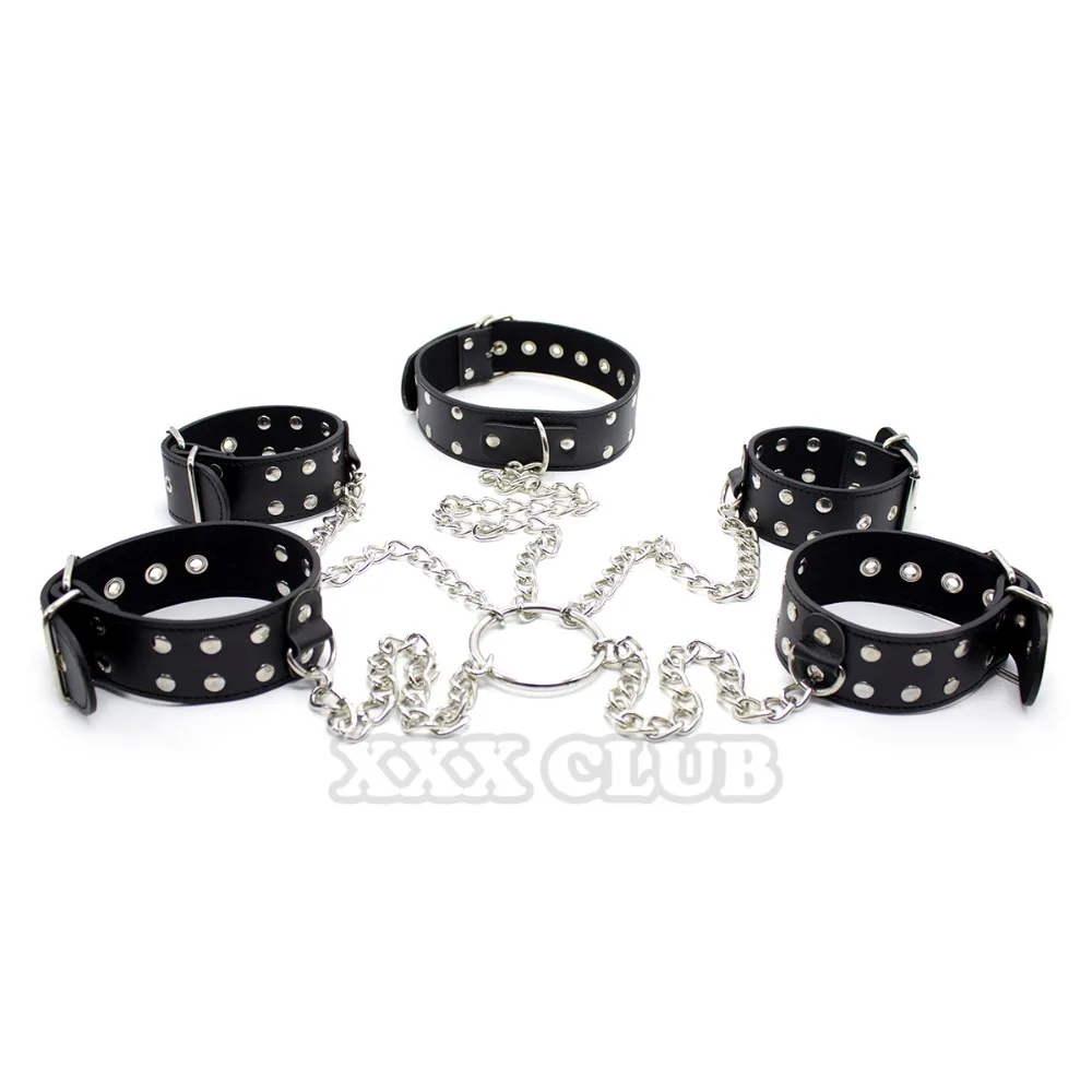 Thierry couple Adult Games Bondage PU Set Collar Handcuff Footcuff with Metal Chain Restraint Fetish Sex Products Toy For Couple