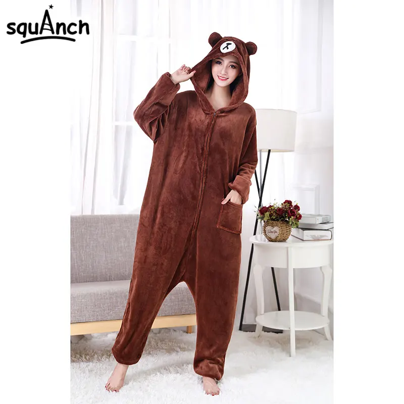 Orso Unisex Kigurumis cerniera animale tutina donna uomo adulto coppia divertente tuta flanella caldo morbido cartone animato indumenti da notte invernali