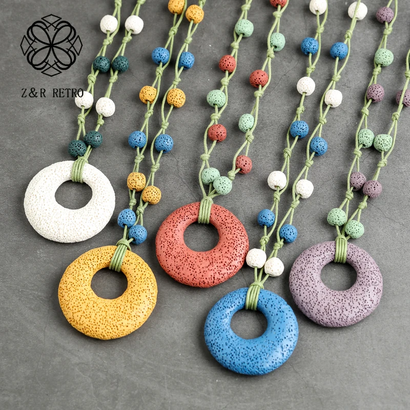 Bohemia Jewlery Lava Stone Beads Necklace for Women With Pendant Women's Long Necklaces & Pendants Female Suspension Chokers New