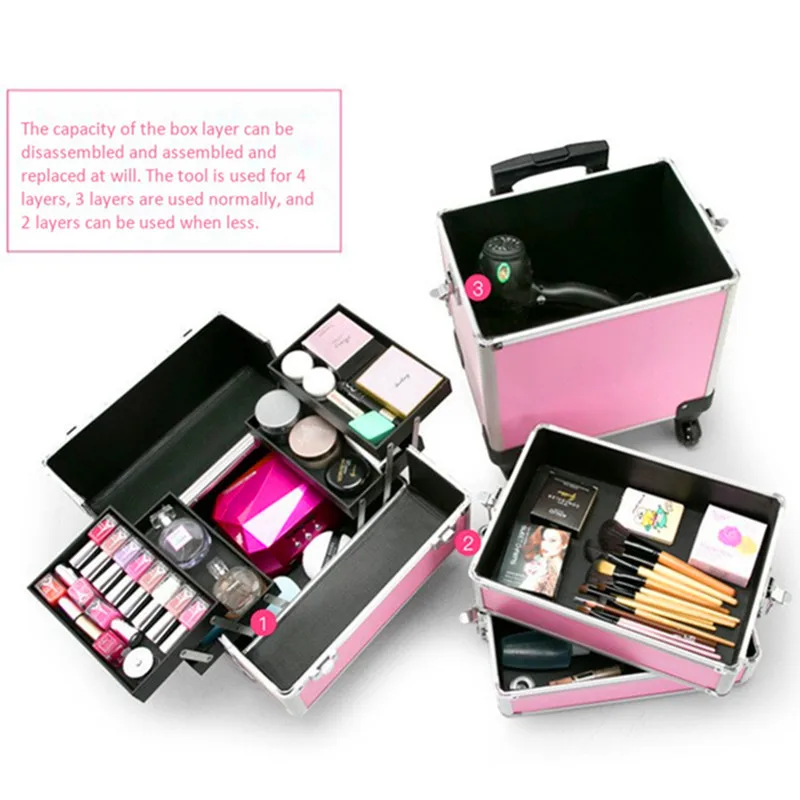 Merk Aluminium Frame Beroep Reizen Trolley Make-Up Doos Beauty Case Professionele Bagage Koffer Bag Make Universele Wielen