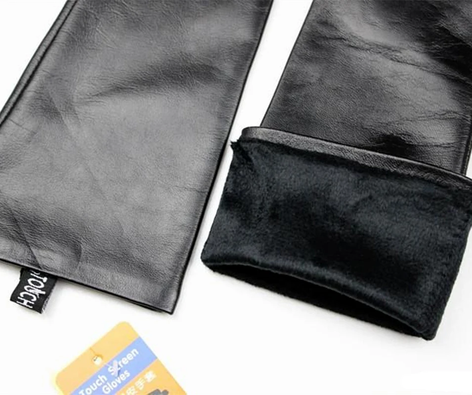 Guantes largos de piel de oveja con pantalla táctil de 37cm, forro de terciopelo de cuero negro para mujer, dedos cálidos rectos a la moda para