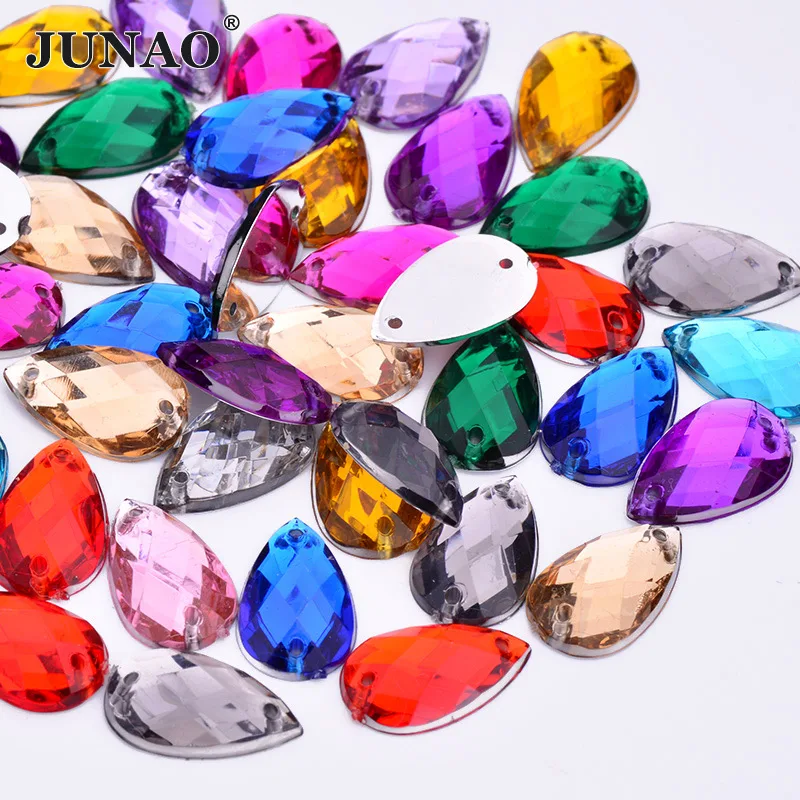 JUNAO 8*13mm 18*25mm Sew On Mix Color Drop Rhinestone Applique Flatback Acrylic Diamond Sewing Strass Crystal Stones for Dress