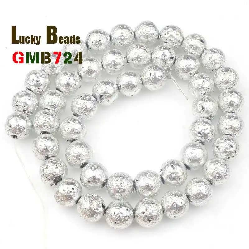 Natural Silver Plated Volcanic Lava Beads Round Stone Beads For Jewelry Making DIY Bracelet Accessories 15\'\' 4/6/8/10mm