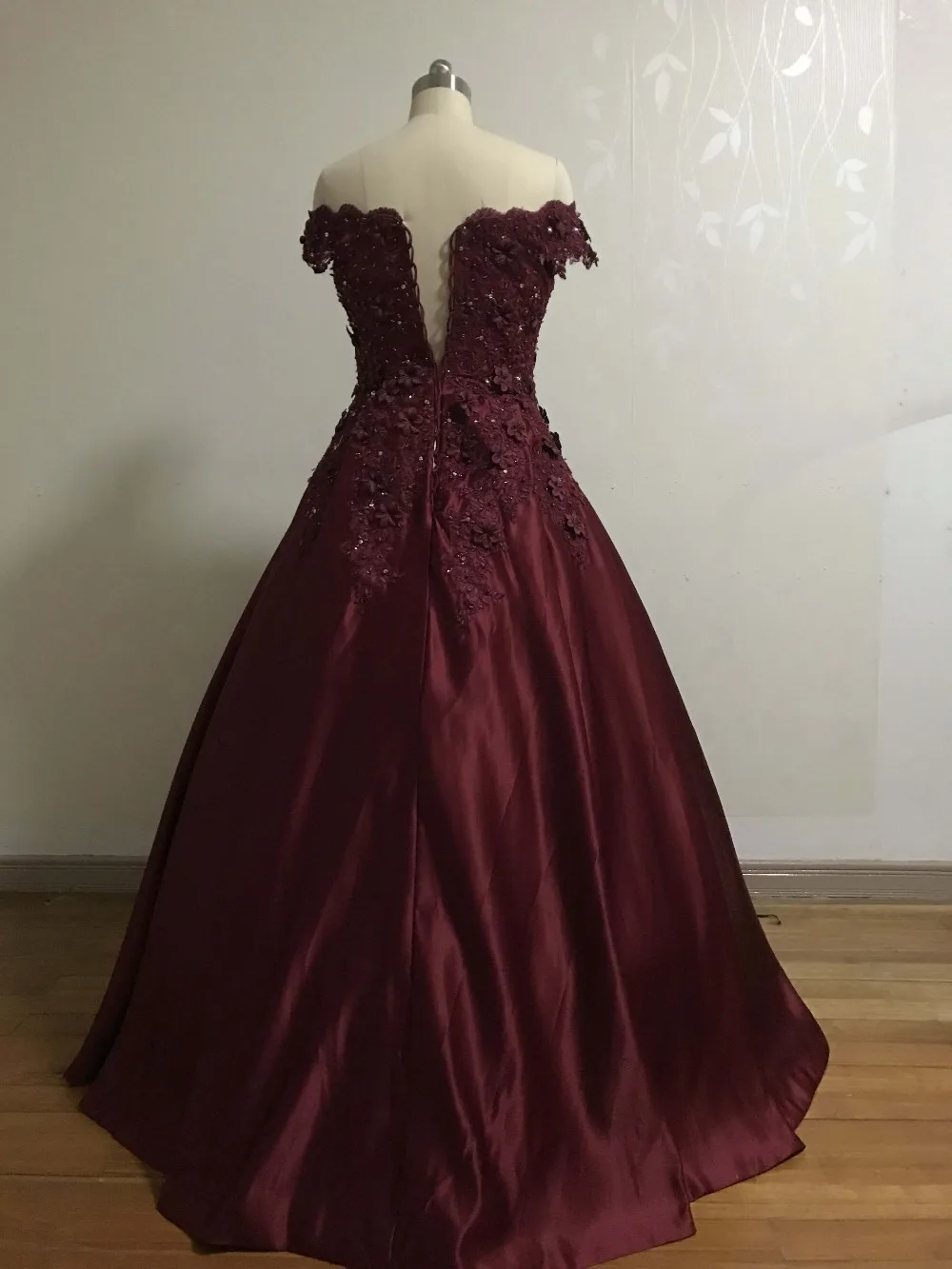 Real Accent Off the Shoulder Sweetheart Appliqued Beaded 3D Flowers Pleated Floor Length Burgundy Prom Dress