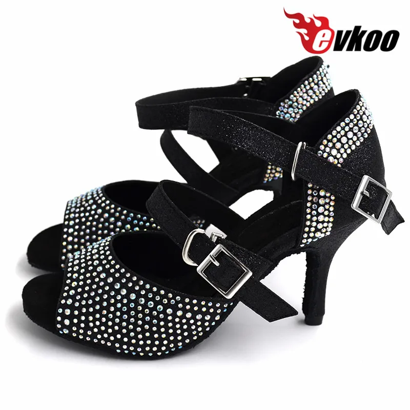 Evkoodance-zapatos de baile para mujer, calzado profesional de tacón alto de 8,5 cm, color carne negra con piedra de imitación, US4-12, para Salsa, Wowen Evkoo457