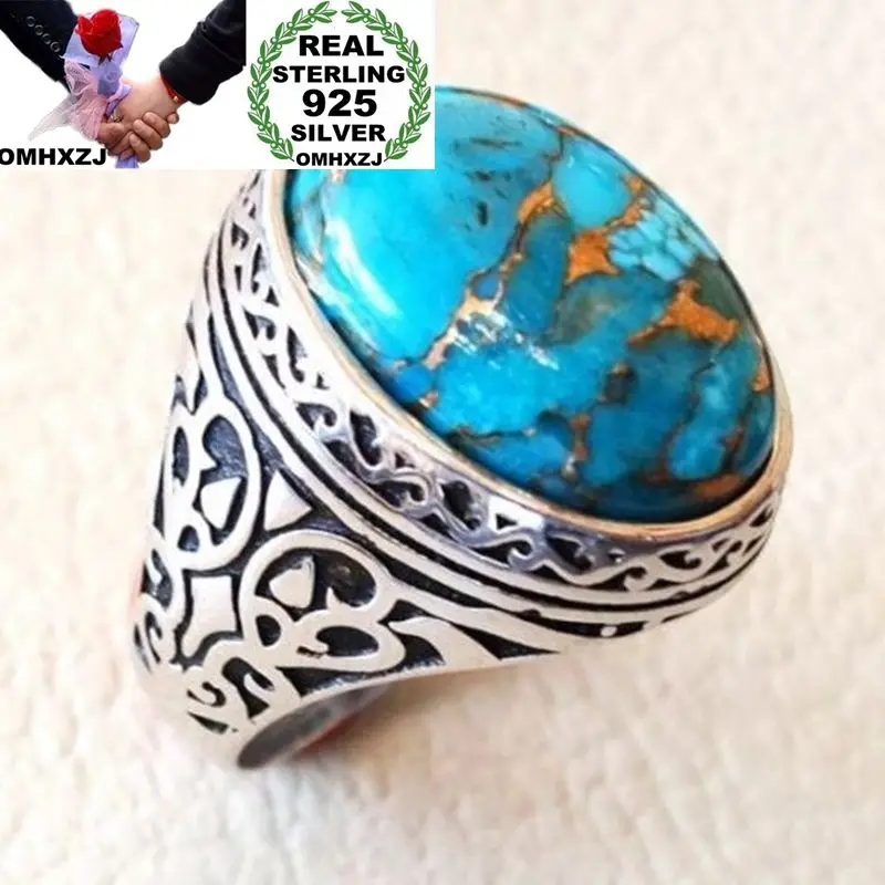 

OMHXZJ Wholesale European Fashion Woman Man Party Wedding Gift Silver Black Green Oval Turquoise Taiyin Ring RR331