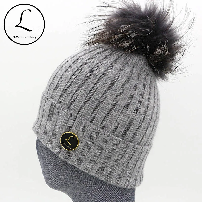 

Warm Winter Knitted Hats Brand Design Striped Hat For Women Pure Color Hedging Cap With Real Raccoon Fur Pompom Bonnet 6919