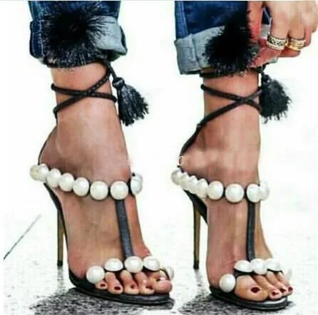 2017 Summer Women Fashion Pearl Black Tassel Fringed Open Toe 100 mm Heel Lace Up High Heel Party Dress Sandals Shoes Lady