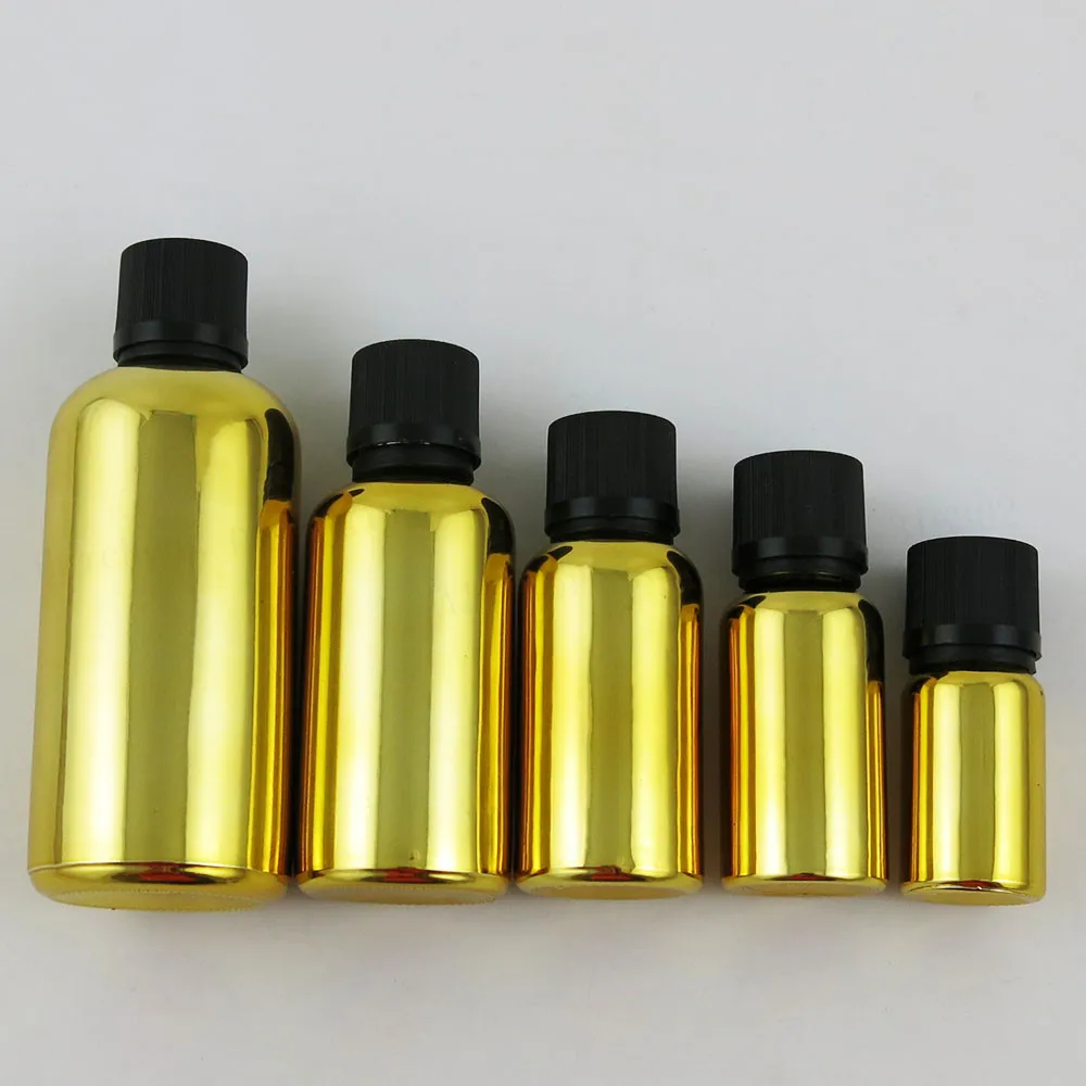 200 x  New Design 5ml 10ml 20ml 30ml 50ml 100ml Refillable Gold Glass Bottle With Childproof Lids 1OZ Glass Cosmetic Container